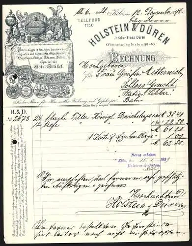 Rechnung Köln 1898, Holstein & Düren, Flas-, Kristall-, Porzellan- & Steingut-Waaren, Produktauswahl und Medaillen