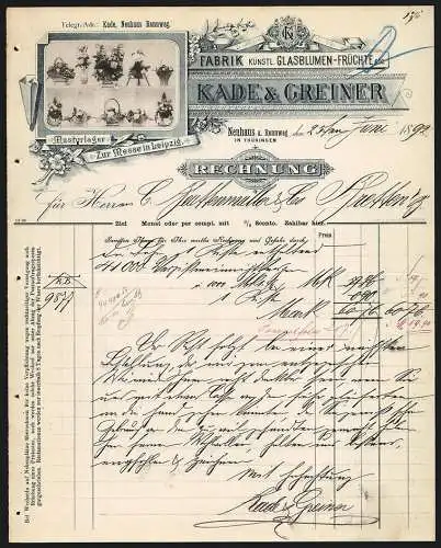 Rechnung Neuhaus a. Rennweg 1892, Kade & Greiner, Fabrik künstl. Glasblumen, Früchte, etc., Ansicht einer Produktauswahl