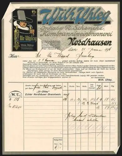 Rechnung Nordhausen 1916, Wilh. Uhley, Kornbranntweinbrennerei, Markenlogo mit einem trinkenden Ratsherren