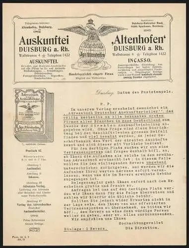 Rechnung Duisburg, Auskunftei Altenhofen, Kredit- und Heirats-Auskünfte, Das Firmenlogo mit einem Adler auf dem Globus