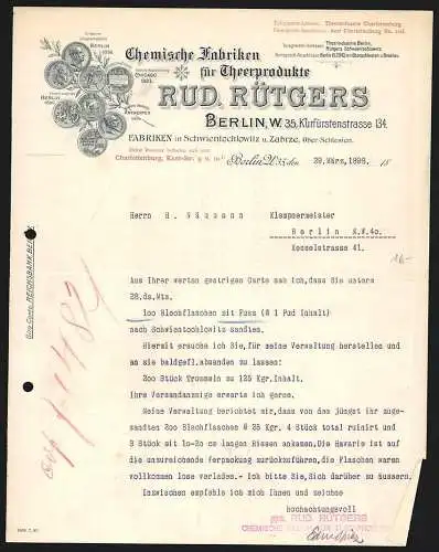 Rechnung Berlin 1898, Rud. Rütgers, Chemische Fabriken für Theerprodukte, Kurfürstenstr. 134, Preis-Medaillen
