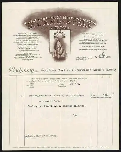 Rechnung München 1925, S. Lang-Stoll, Holzbearbeitungs-Maschinenfabrik, Die Bavaria mit einem Löwen