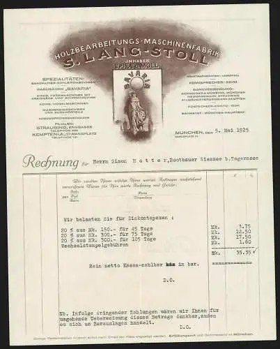 Rechnung München 1925, S. Lang-Stoll, Holzbearbeitungs-Maschinenfabrik, Bavaria mit einem Löwen