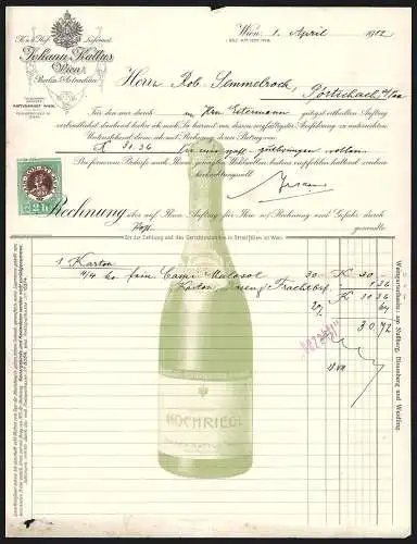 Rechnung Wien 1912, Johann Kattus, Wein-Fabrikation, Produktansicht des Weines Marke Hochriegl