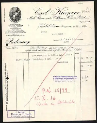Rechnung Herbolzheim 1935, Carl Kuenzer, Textil-Fabrikation, Schutzmarke mit einer Frau am Spinnrad