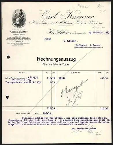 Rechnung Herbolzheim 1933, Carl Kuenzer, Textil-Fabrikation, Schutzmarke mit einer Frau am Spinnrad
