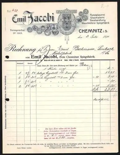 Rechnung Chemnitz i. S. 1911, Emil Jacobi, Kunstanstalt für Flachglas-Decoration, Gewählte Preis-Medaillen