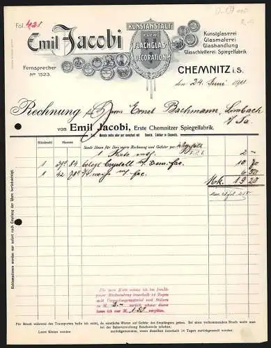 Rechnung Chemnitz i. S. 1911, Emil Jacobi, Kunstanstalt für Flachglas-Decoration, Gewählte Auszeichnungen