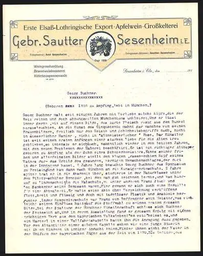 Rechnung Sesenheim i. E., Gebr. Sautter, Export-Apfelwein-Grosskelterei, Firmenlogo mit Äpfeln