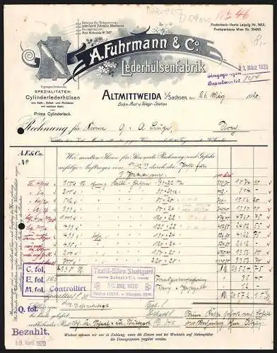 Rechnung Altmittweida i. Sachsen 1920, A. Fuhrmannn & Co., Lederhülsenfabrik, Schutzmarke mit Produkt