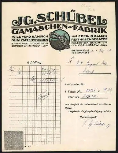 Rechnung Berlin 1923, J. G. Schübel, Gamaschen-Fabrik, Kochstr. 3, Schutzmarke mit einer Peitsche
