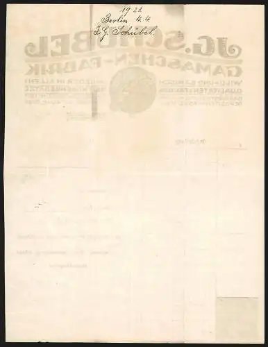 Rechnung Berlin 1923, J. G. Schübel, Gamaschen-Fabrik, Kochstr. 3, Schutzmarke mit einer Peitsche