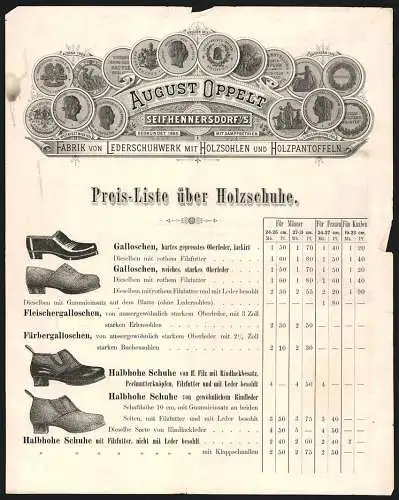 Rechnung Seifhennersdorf i. S., August Oppelt, Schuhfabrik, Auswahl an Preis-Medaillen, Produktansichten