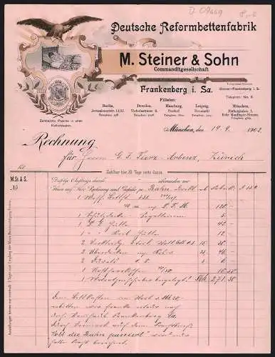 Rechnung München 1902, M. Steiner & Sohn, Deutsche Reformbettenfabrik, Schutzmarke und eine Frau im Bett