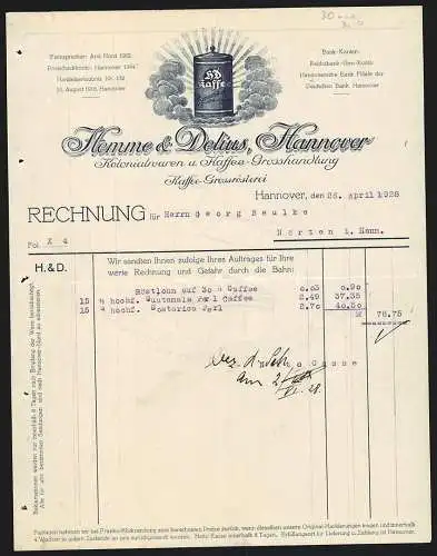 Rechnung Hannover 1928, Hemme & Delius, Kolonialwaren und Kaffee-Grosshandlung, Schutzmarke HD-Kaffee