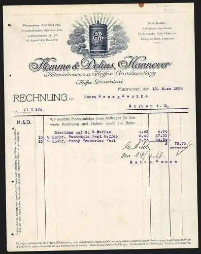 Rechnung Hannover 1928, Hemme & Delius, Kolonialwaren und Kaffee-Grosshandlung, Schutzmarke mit einer Dose HD Kaffee