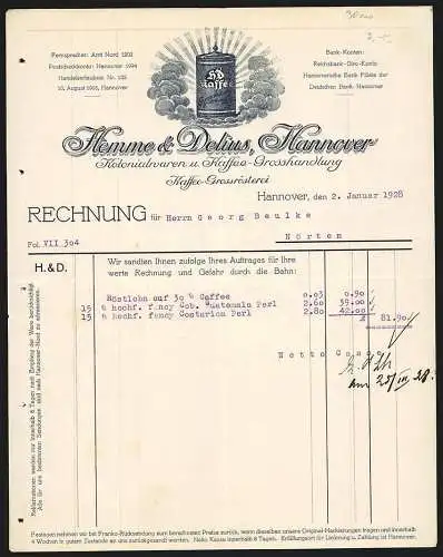 Rechnung Hannover 1928, Hemme & Delius, Kolonialwaren und Kaffee-Grosshandlung, Schutzmarke, eine Dose HD Kaffee
