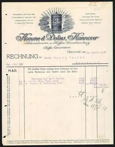 Rechnung Hannover 1928, Hemme & Delius, Kolonialwaren und Kaffee-Grosshandlung, HD Kaffee Schutzmarke