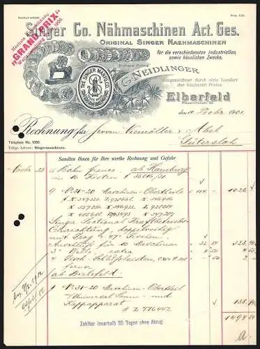Rechnung Elberfeld 1901, Singer & Co., Nähmaschinen AG, Eingetragene Handelsmarke, Preis-Medaillen