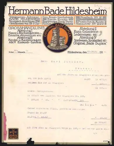 Rechnung Hildesheim 1916, Hermann Bade, Grosshandlung für Metall-, Elektro- und Lederwaren, Schutzmarke Bade Duplex
