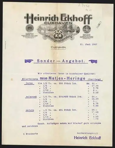 Rechnung Cuxhaven 1927, Heinrich Eckhoff, Seefischgrosshandlung, Firmenlogo, Hafenpartie