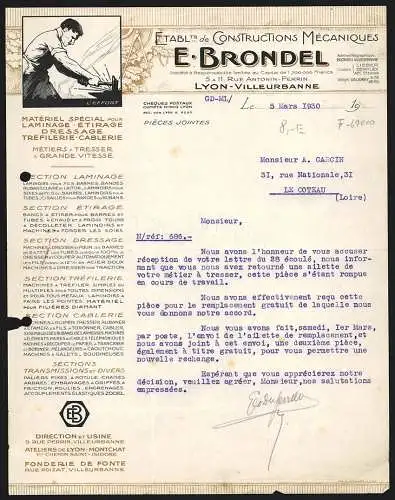 Rechnung Lyon-Villeurbanne 1930, E. Brondel, Etabl. de Constructions Mécaniques, Schmied bei der Arbeit