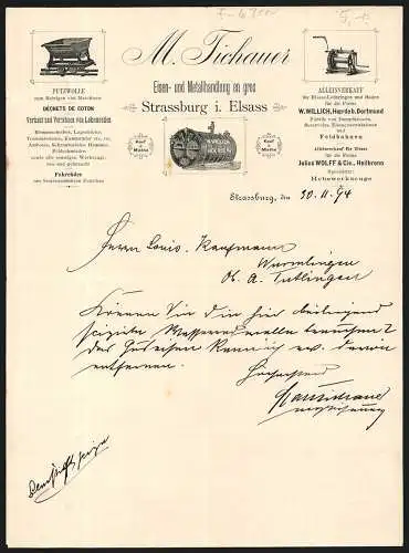 Rechnung Strassburg i. Elsass 1894, M. Tichauer, Eisen- und Metallhandlung en gros, Auswahl an Produkten