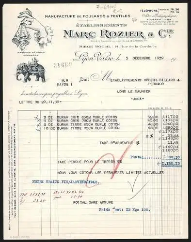 Rechnung Lyon-Vaise 1939, Marc Rozier & Cie., Manufacture de Foulards & Textiles, Tuch- und Elefant-Schutzmarken