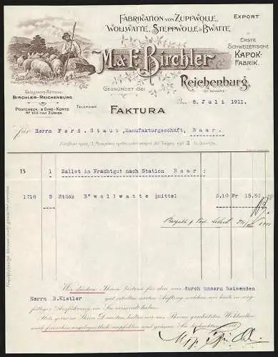 Rechnung Reichenburg 1911, M. & F. Birchler, Woll- & Watte-Fabrikation, Ein Hirte und Schafe in den Bergen