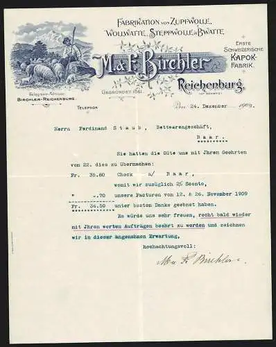Rechnung Reichenburg 1909, M. & F. Birchler, Woll- & Watte-Fabrikation, Ein Hirte und Schafe in den Bergen