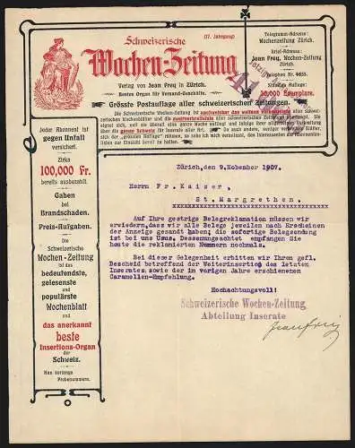 Rechnung Zürich 1907, Schweizerische Wochenzeitung, Allegorische Helvetia