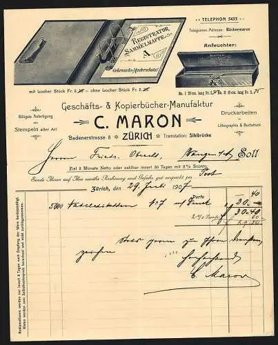 Rechnung Zürich 1907, C. Maron, Geschäfts- & Kopierbücher-Manufaktur, Ansicht eines Hefters und eines Anfeuchters