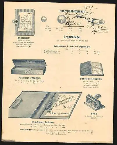 Rechnung Zürich 1907, C. Maron, Geschäfts- & Kopierbücher-Manufaktur, Ansicht eines Hefters und eines Anfeuchters