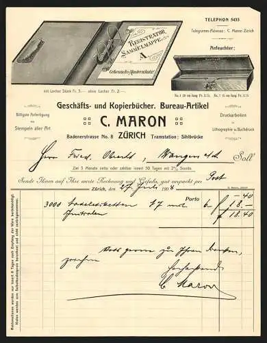 Rechnung Zürich 1908, C. Maron, Geschäfts- & Kopierbücher-Manufaktur, Ansicht eines Hefters und eines Anfeuchters