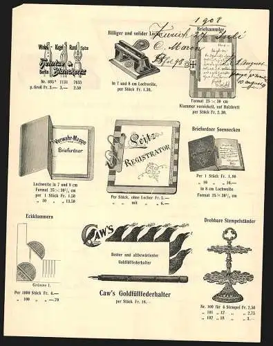 Rechnung Zürich 1908, C. Maron, Geschäfts- & Kopierbücher-Manufaktur, Ansicht eines Hefters und eines Anfeuchters