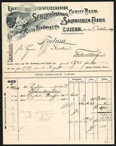 Rechnung Luzern 1899, Otto Riedwege & Co., Christ-Baum & Salonkerzen-Fabrik, Eine Frau mit einem leuchtenden Kandelaber
