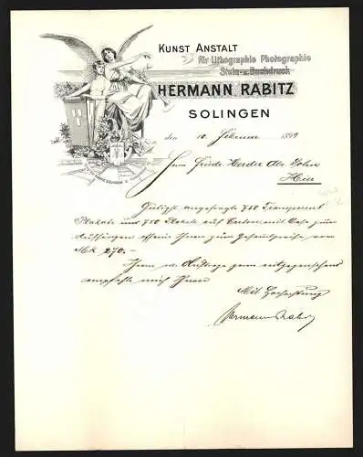 Rechnung Solingen 1899, Hermann Rabitz, Kunstanstalt für Druckarbeiten, Engelsfigut mit Fanfare und Jüngling