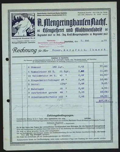 Rechnung Iserlohn 1924, A. Mengeringhausen Nachf., Eisengiesserei und Maschinenfabrik, Stilisierter Metallarbeiter