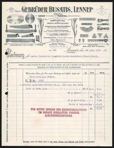 Rechnung Lennep 1915, Gebrüder Busatis, Fabrikation von Sägen und Werkzeugen, Auswahl and Produkten