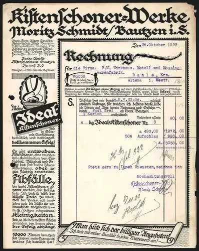 Rechnung Bautzen i. S. 1922, Moritz Schmidt, Kistenschoner-Werke, Schutzmarke Ideal