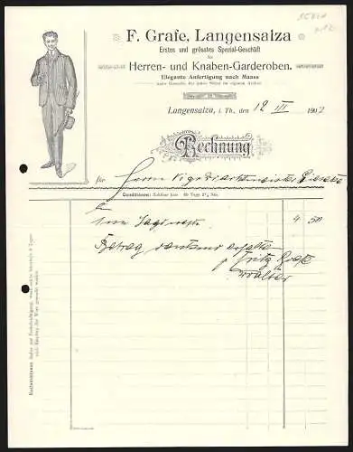 Rechnung Langensalza i. Th. 1907, F. Grafe, Herren- und Knaben-Garderoben, Ein Mann im Nadelstreifen-Anzug