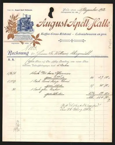 Rechnung Halle 1902. August Apelt, Kaffe-Rösterei und Kolonialwaren, Ansicht eines Sirocco-Schnellröstapparats