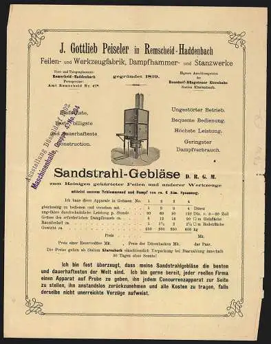Rechnung Remscheid-Haddenbach, J. Gottlieb, Feilen- & Werkzeugfabrik und Stanzwerke, Ansicht einer Stanzmaschine