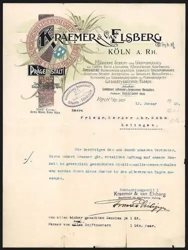 Rechnung Köln a. Rh. 1903, Kraemer & van Elsberg GmbH, Stein- und Buchdruckerei, Florales Motiv und kleines Wappen