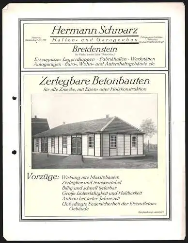 Rechnung Breidenstein, Hermann Schwarz, Hallen- und Garagenbau, Ansicht eines zerlegbaren Betonbaus