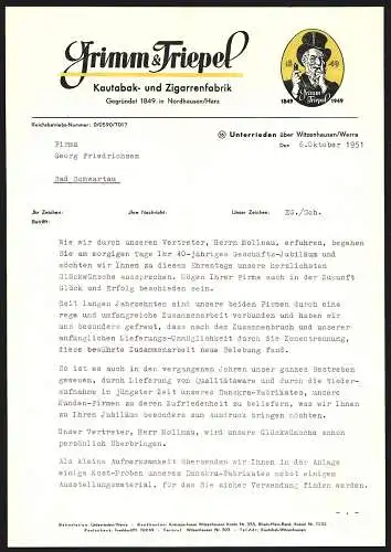 Rechnung Unterrieden über Witzenhausen 1951, Frimm &Triepel, Kautabak- und Zigarrenfabrik, Alter Herr mit Zylinder
