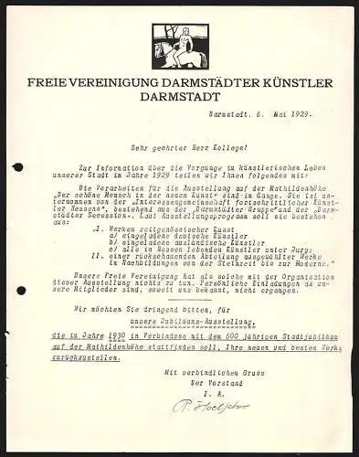 Briefkopf Darmstadt 1929, Freie Vereinigung Darmstädter Künstler, Nackter Mann zu Pferde