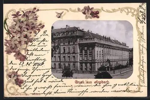 Passepartout-Lithographie Ansbach / Bayern, Gebäude mit Strasse, Fliederblüte
