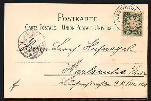 Passepartout-Lithographie Ansbach / Bayern, Gebäude mit Strasse, Fliederblüte