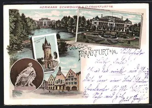 Lithographie Frankfurt, Palmengarten, Eschenheimer Thurm, Römer